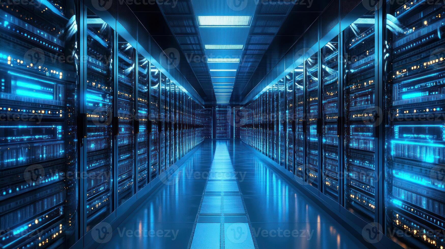 Server room interior, illuminated with blue light photo