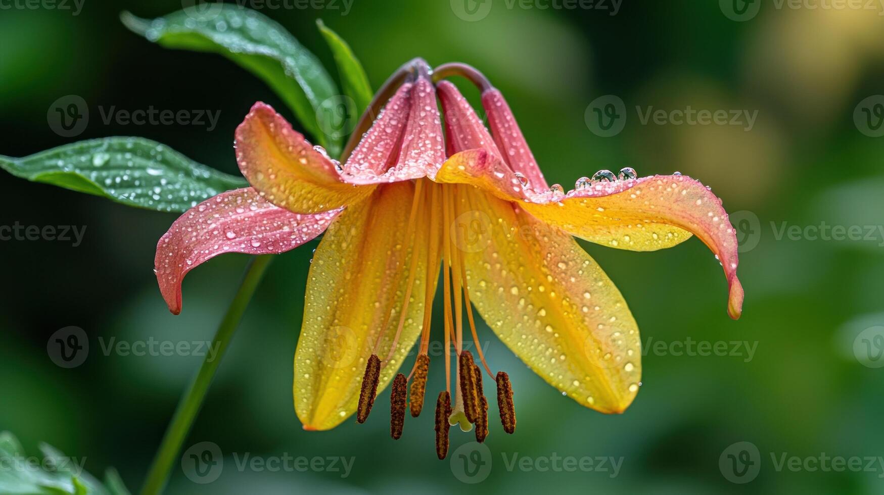 Delicate, vibrant orange-pink lily flower with water droplets, in a garden setting. photo