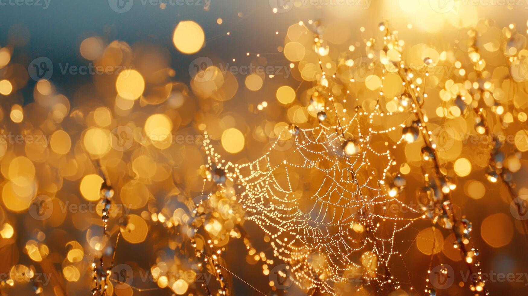 Dew-kissed spiderweb in golden sunrise meadow photo