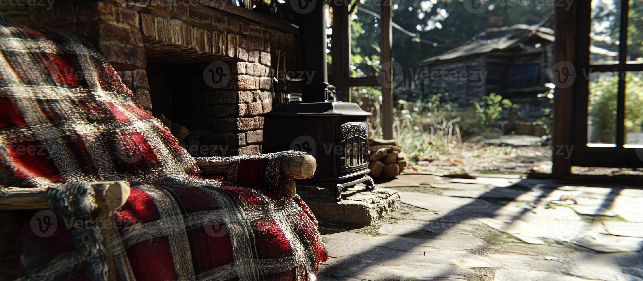 Cozy outdoor fireplace, plaid blanket, rustic cabin photo
