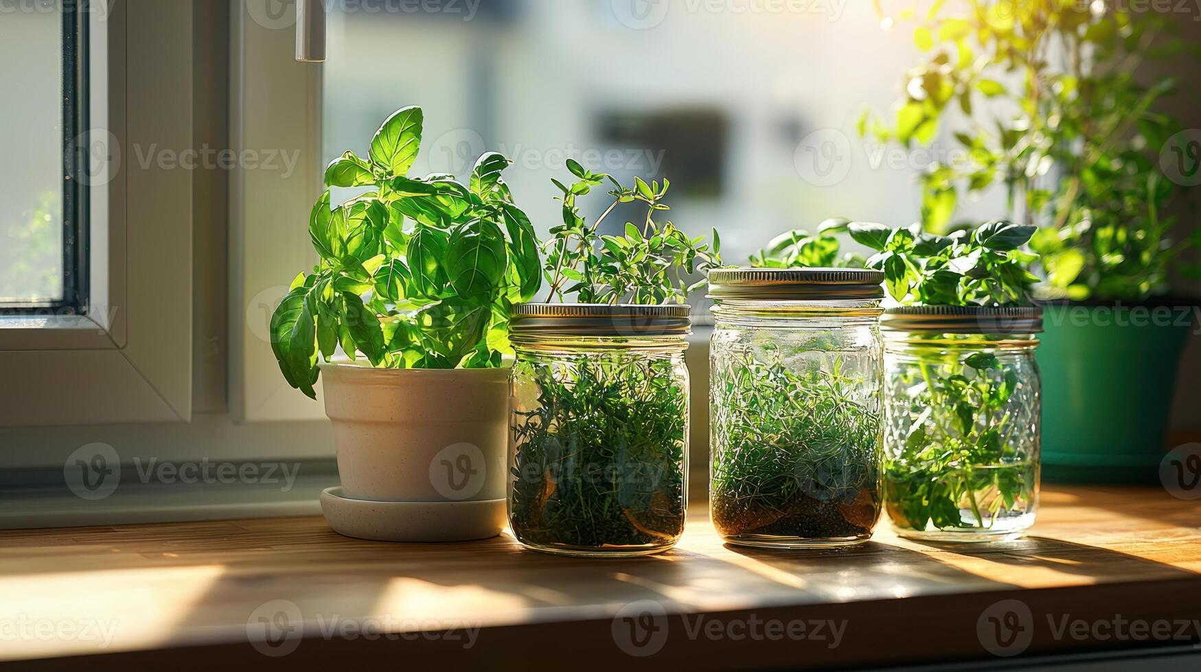 Sunlit herbs in mason jars on windowsill, home garden photo