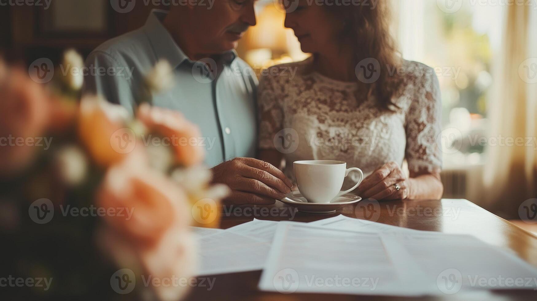 Couple sharing coffee, signing documents, home, floral arrangement photo