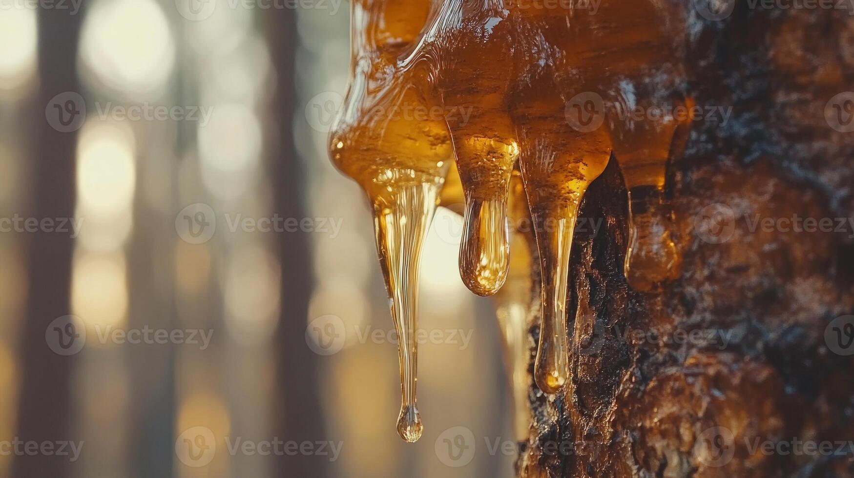Resin dripping from tree trunk in forest photo