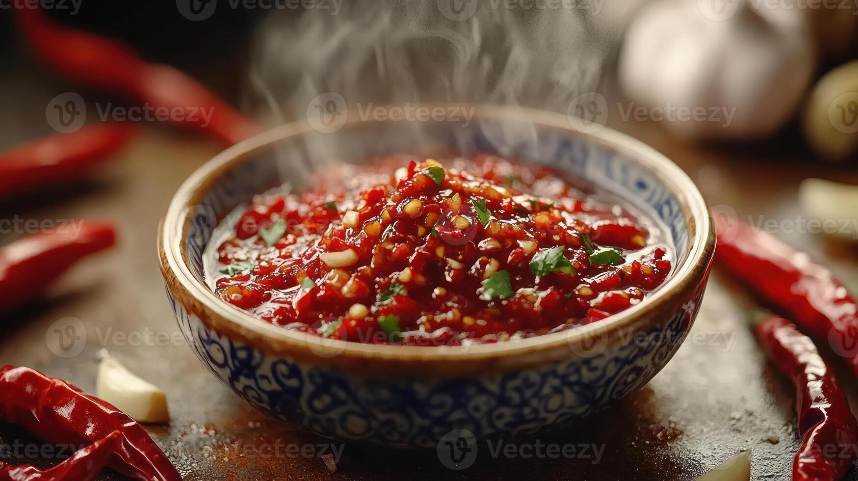 Aromatic chili sauce steaming in a bowl, surrounded by ingredients photo