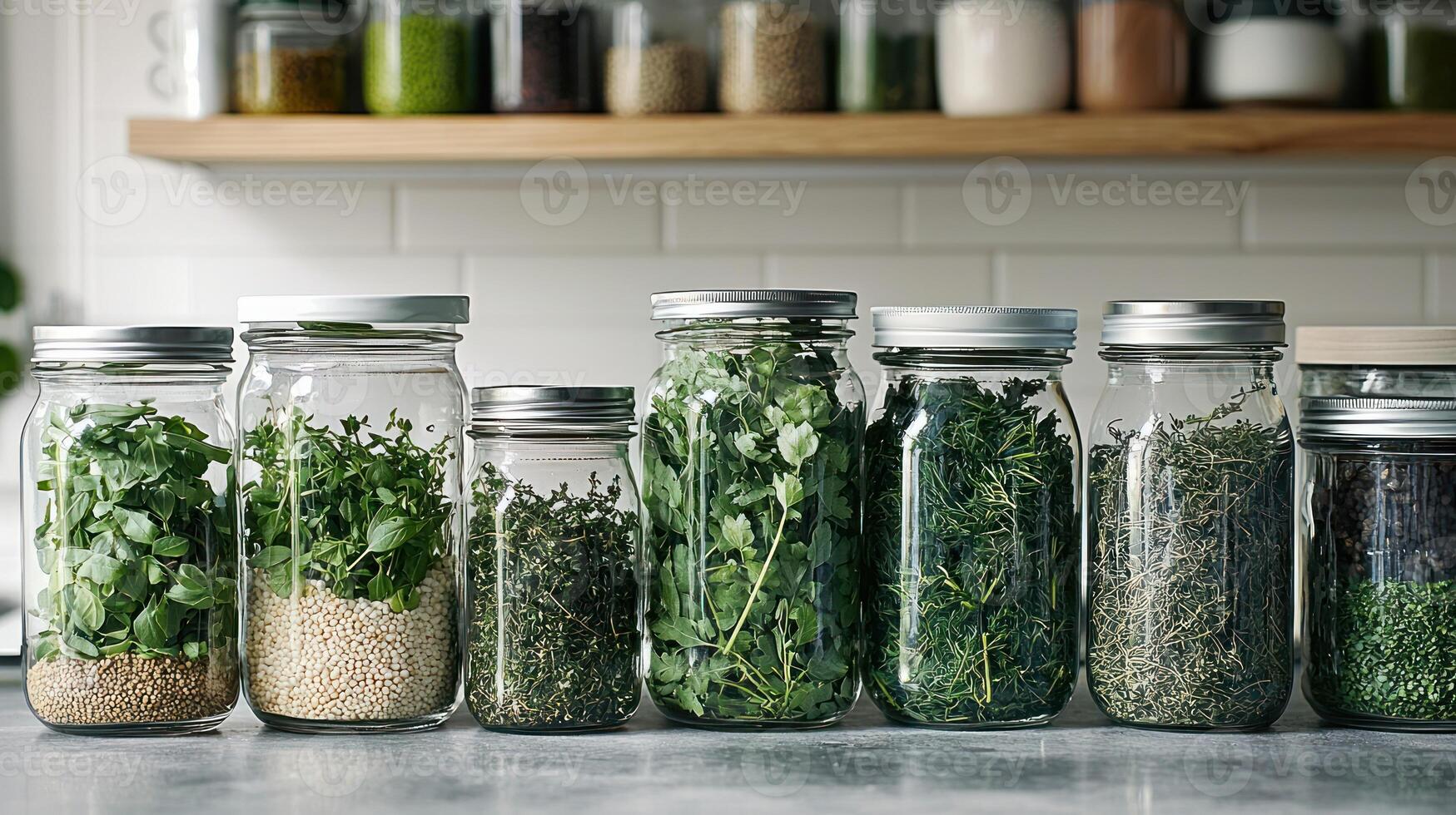 Kitchen herbs in glass jars, organized on countertop, pantry shelf in background photo