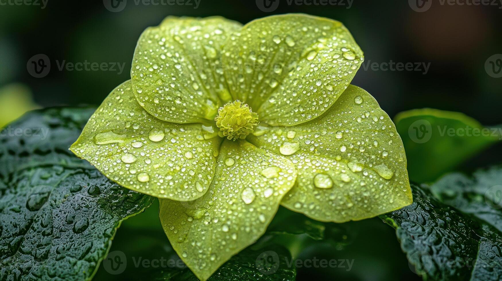 Close-up of a vibrant yellow flower with dew drops, lush green leaves in background. Possible use Botanical, nature photography photo