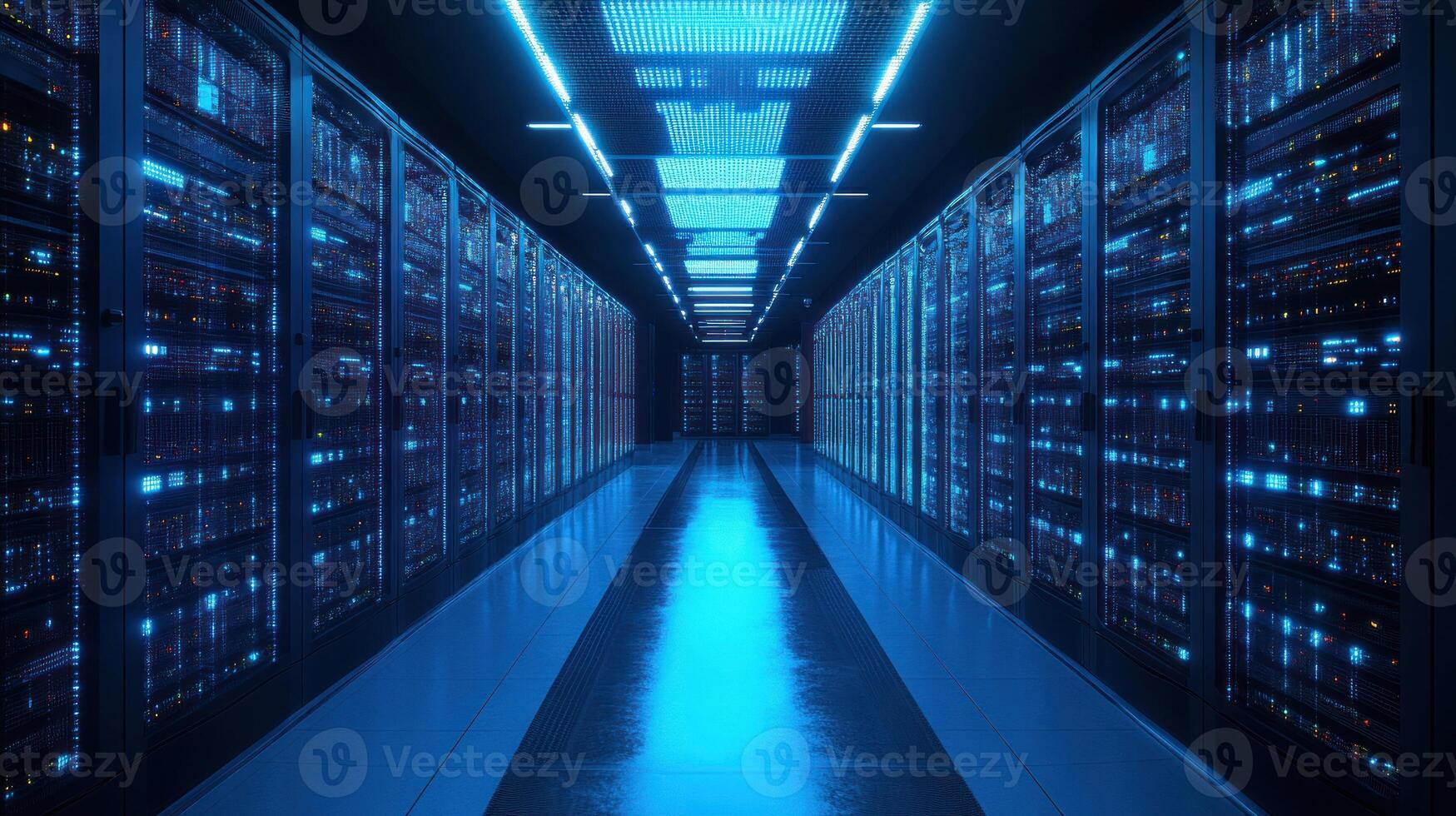 Modern server room interior, blue light, rows of racks, empty corridor photo