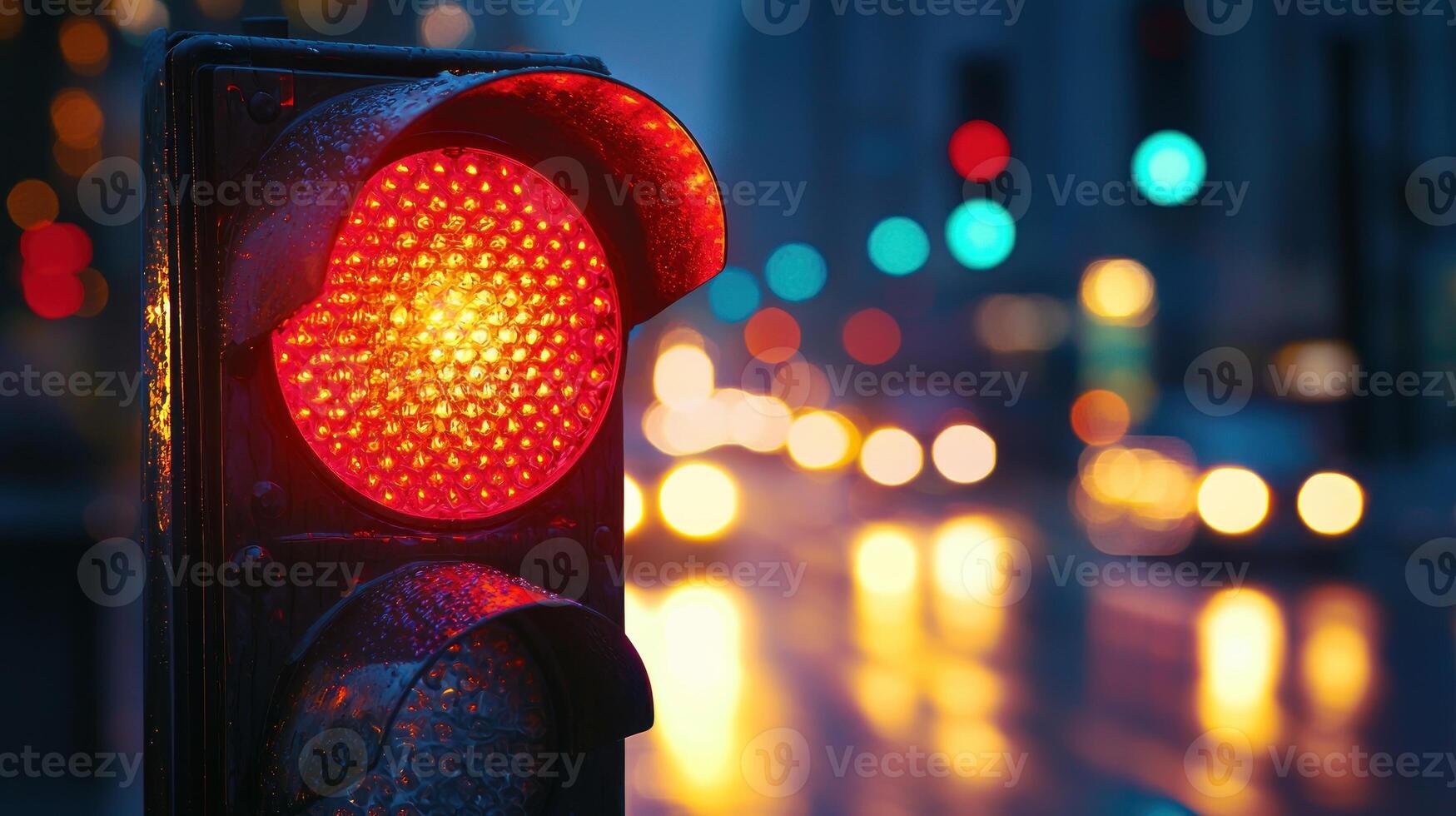 Frozen red traffic light at night in city street photo