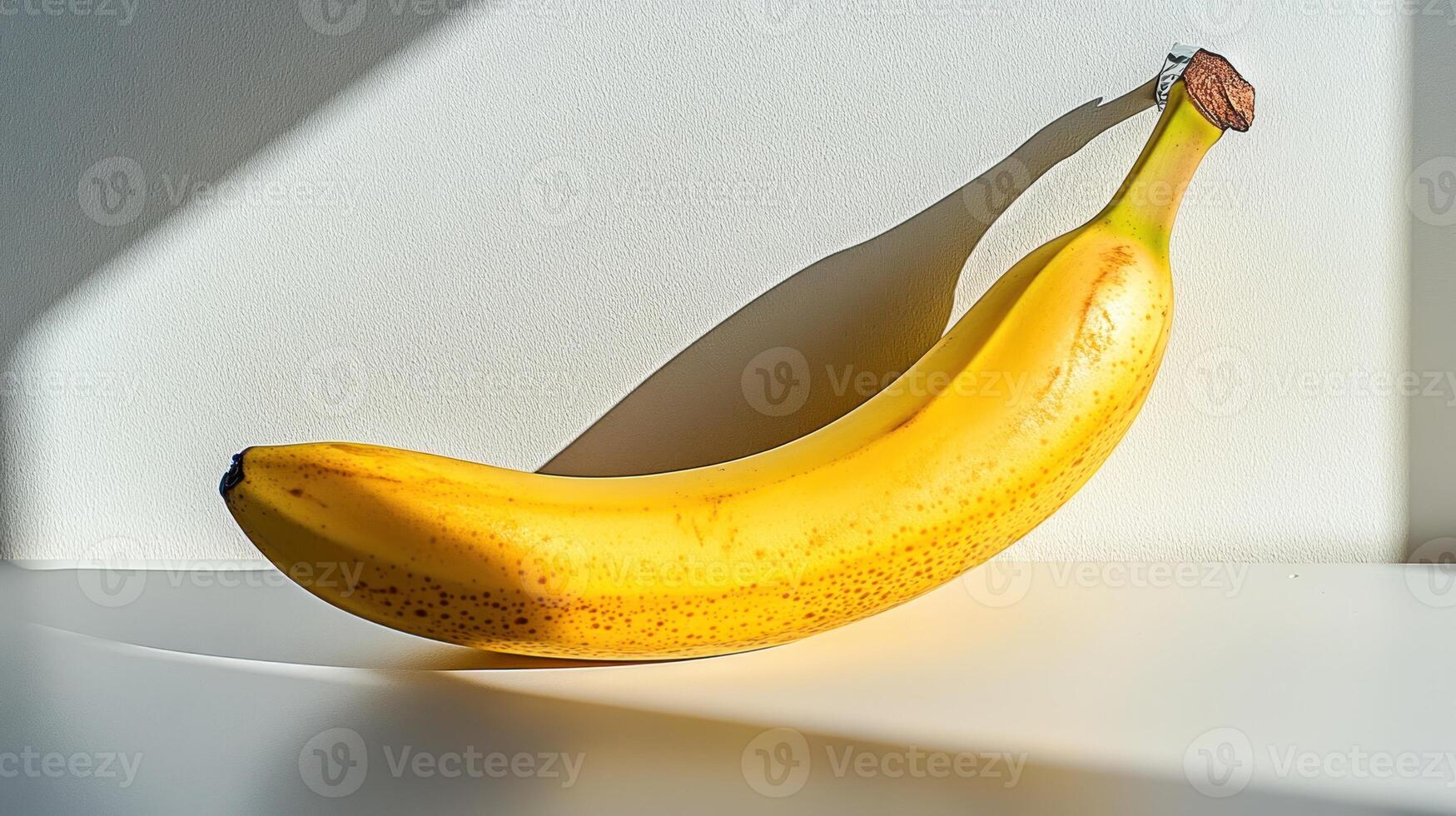 Fresh banana on white surface, sunlight shadows photo