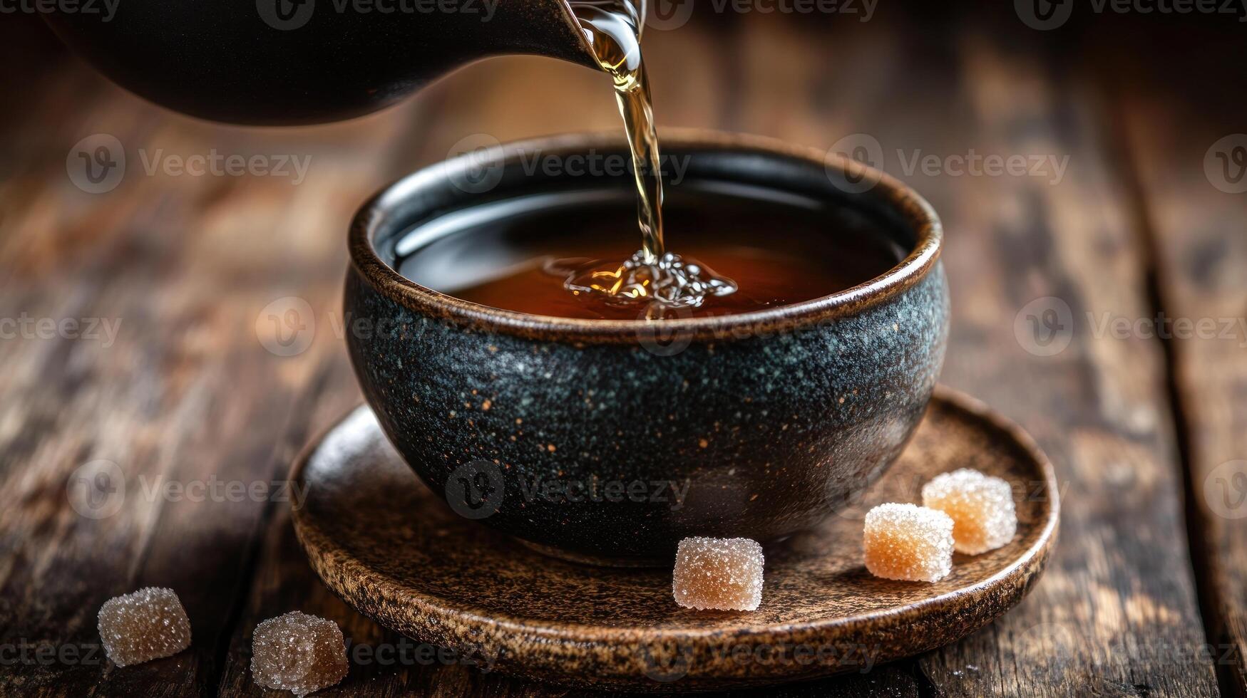 Pouring tea into dark bowl with ginger candies on rustic wood photo