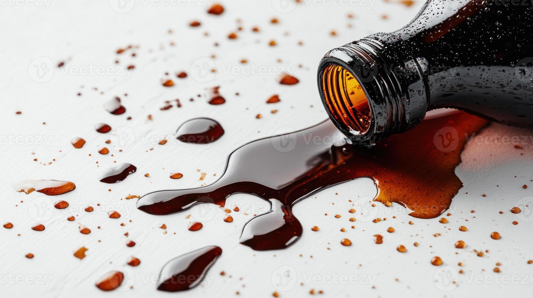 Spilled dark liquid from overturned bottle on white surface photo