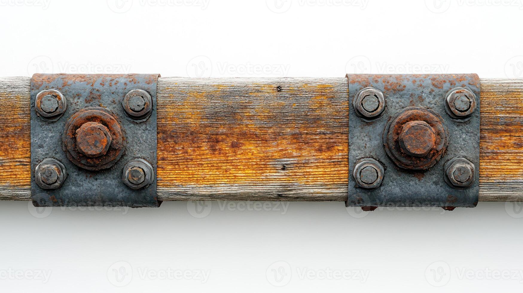 Rusted metal brackets on weathered wooden beam photo