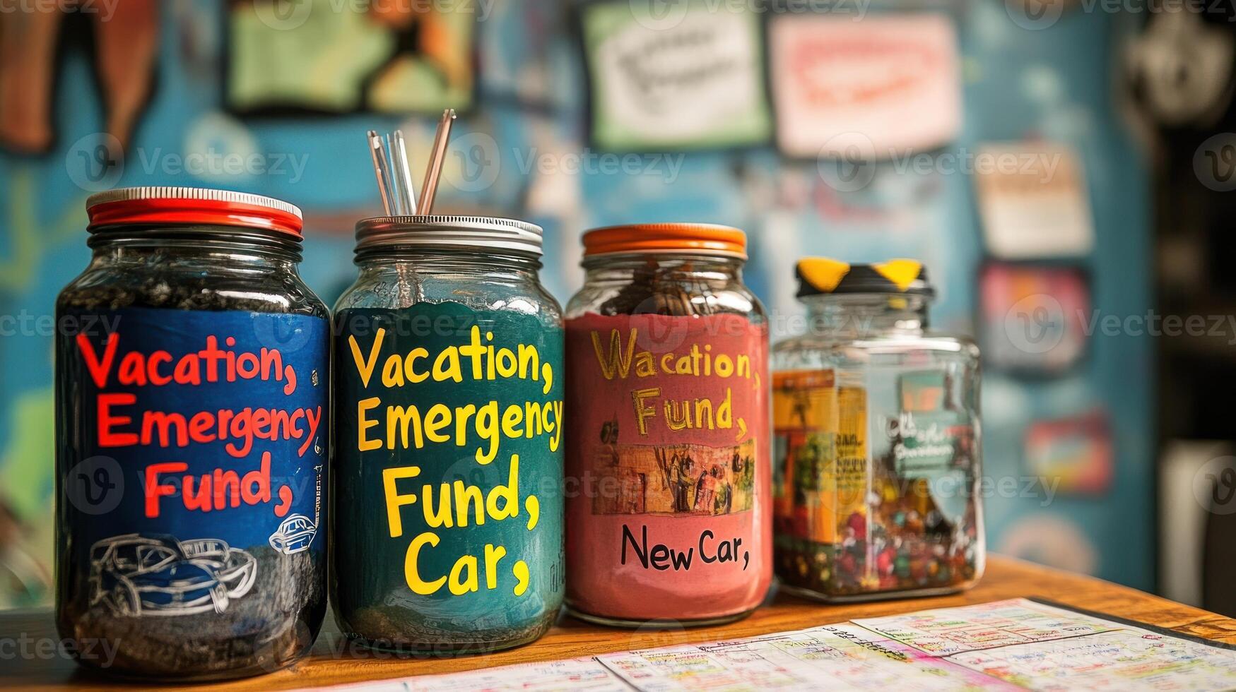 Colorful jars with vacation, emergency, and new car funds on a table, colorful wall in background. Possible use Saving concept, financial planning photo