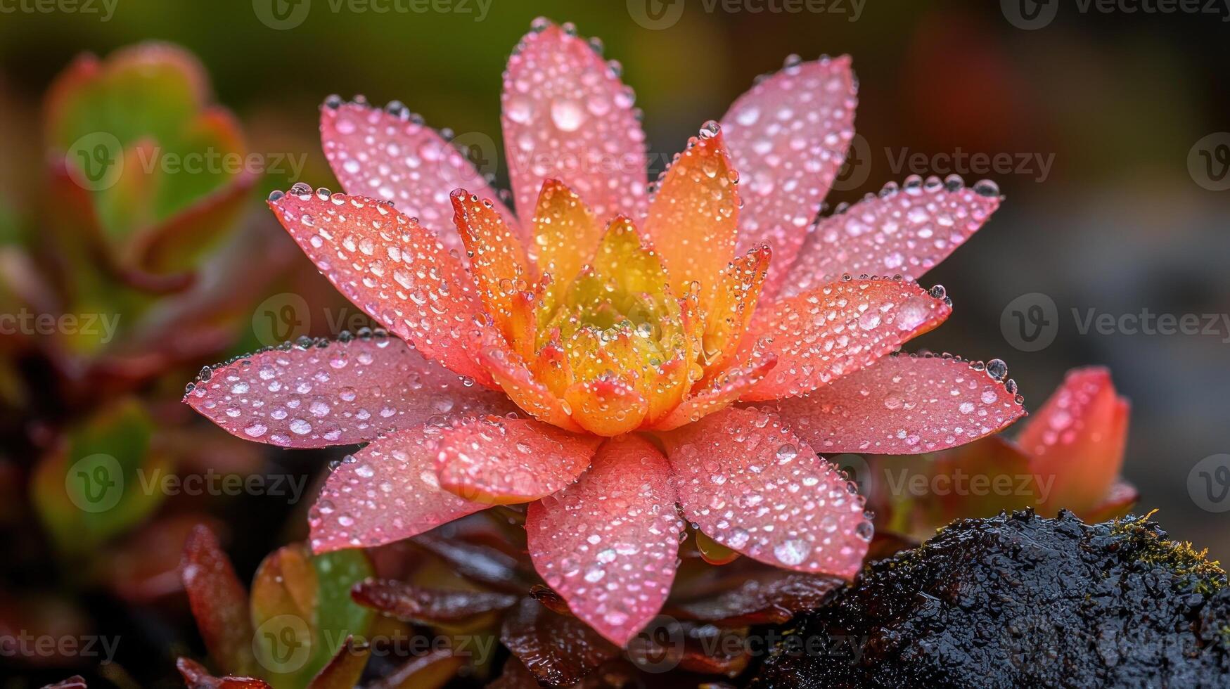 Close-up of a succulent flower with water droplets, vibrant orange-pink petals, and a yellow center. photo