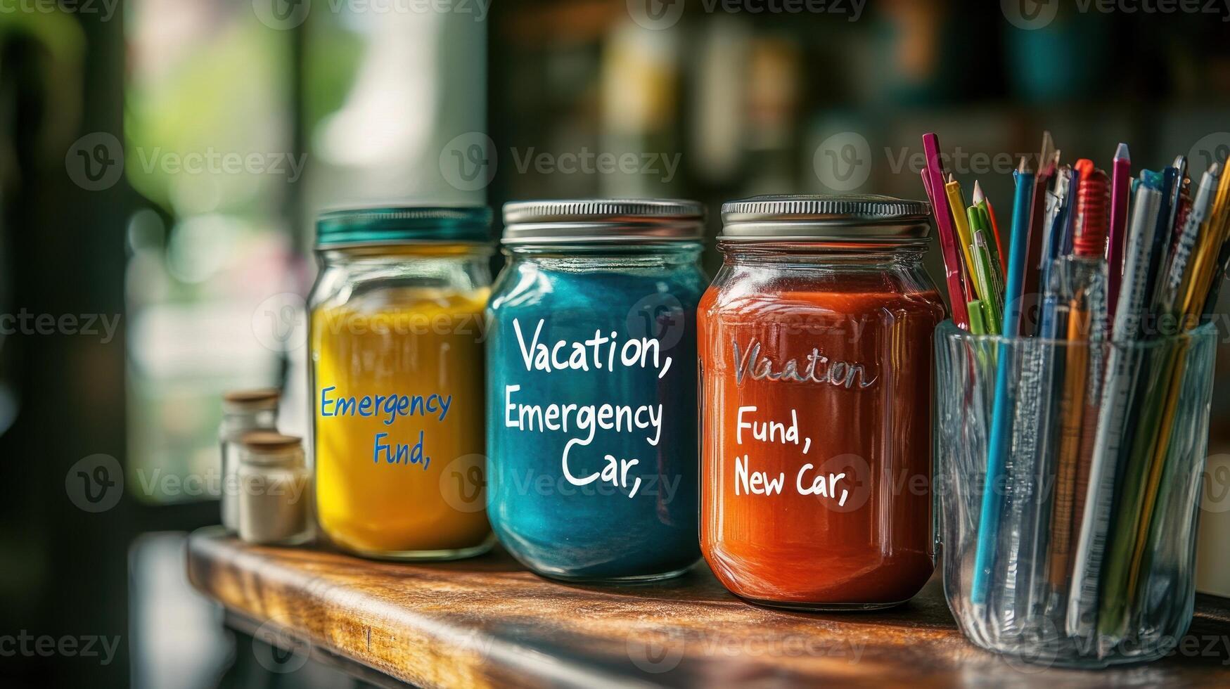 Jars of savings for vacation, emergency car, and new car, with art supplies in background, on wooden counter photo