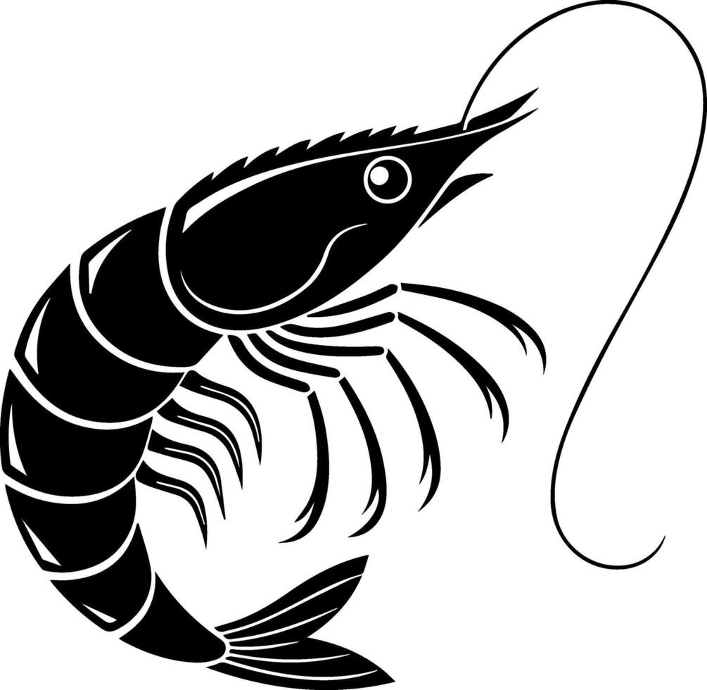 Illustration of a black silhouette of a shrimp against a white background. vector