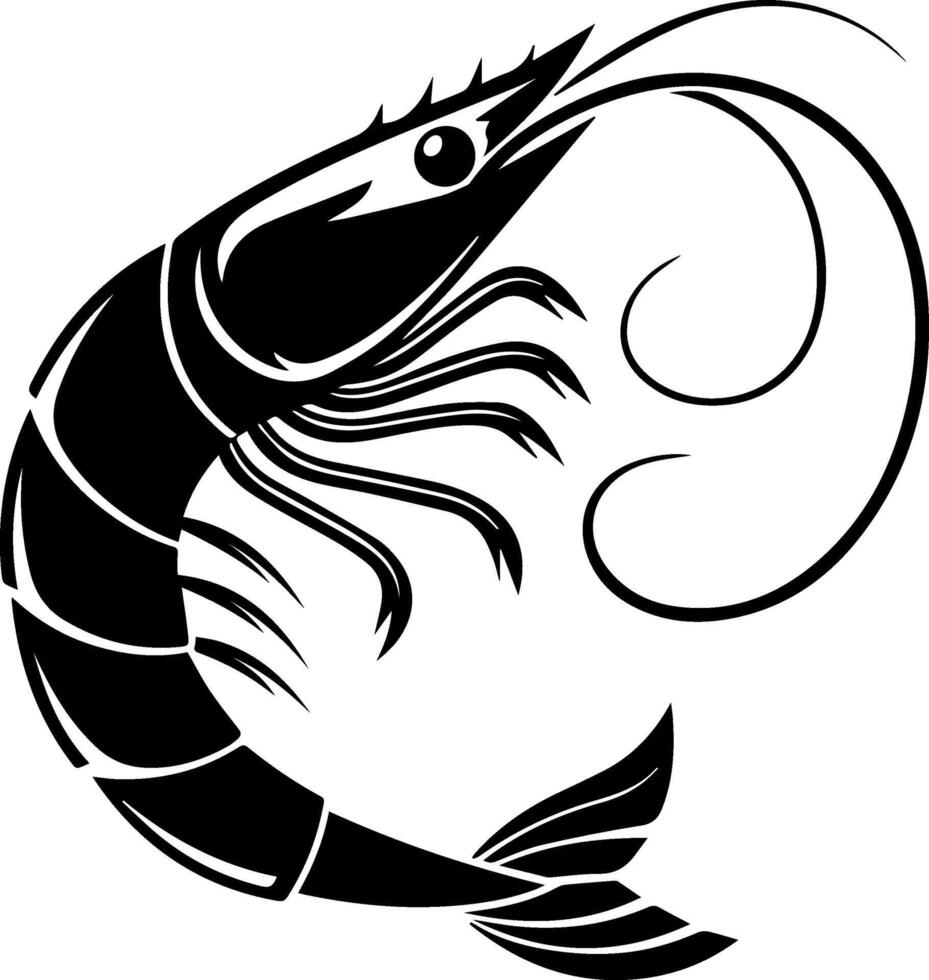 An illustration featuring a black shrimp silhouette set against a clean white background vector