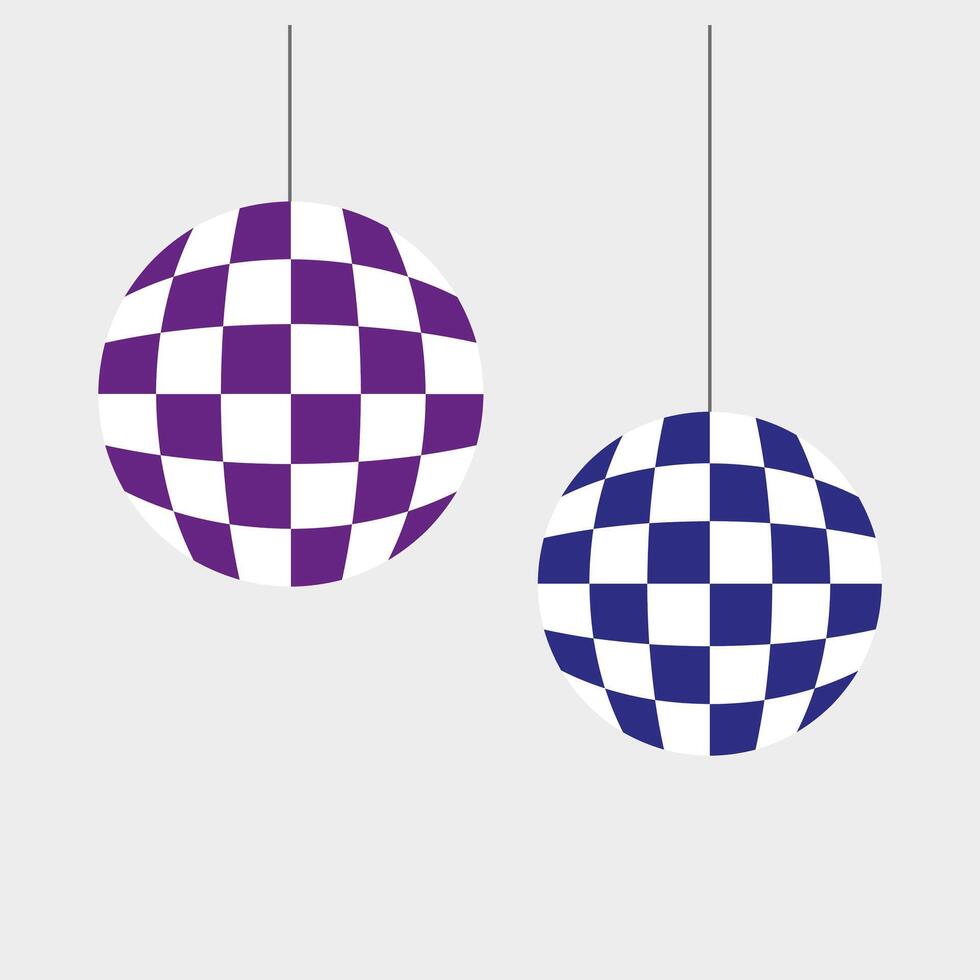 Two checkered disco balls hanging on strings, purple and blue colors, minimal retro party concept on light background vector