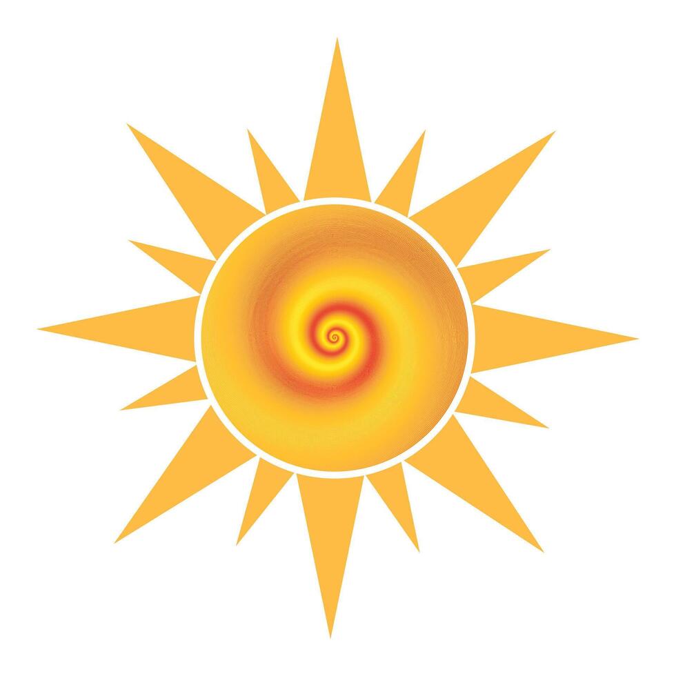Yellow sun with spiral center and sharp rays, abstract summer symbol, bright illustration on white background vector