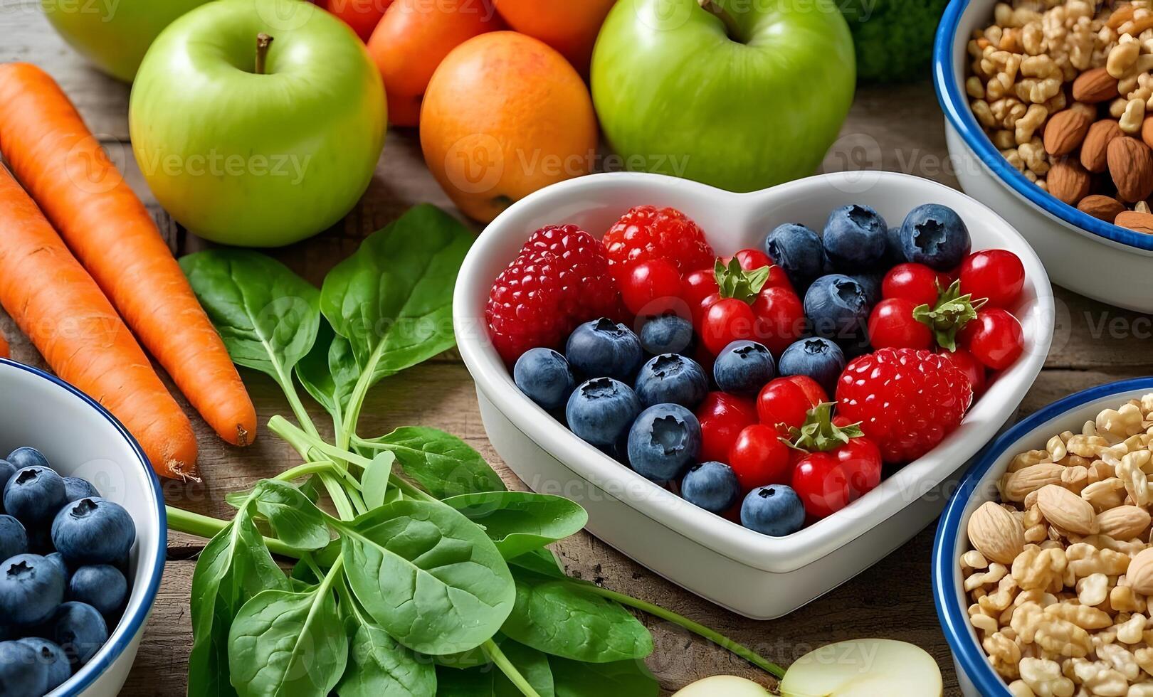 A variety of fruits and vegetables in bowls photo