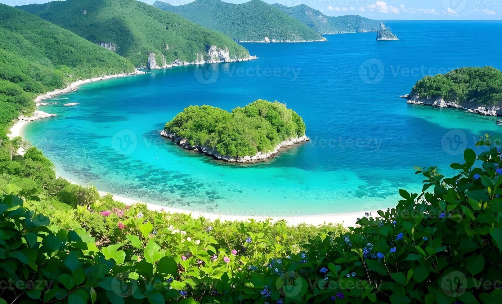 A beautiful beach with green trees and blue water photo