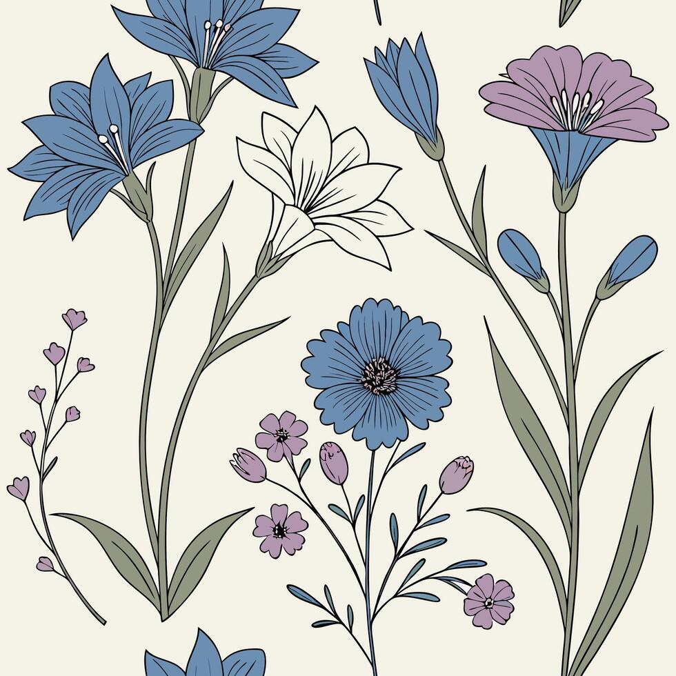 seamless floral pattern with blue and purple flowers vector