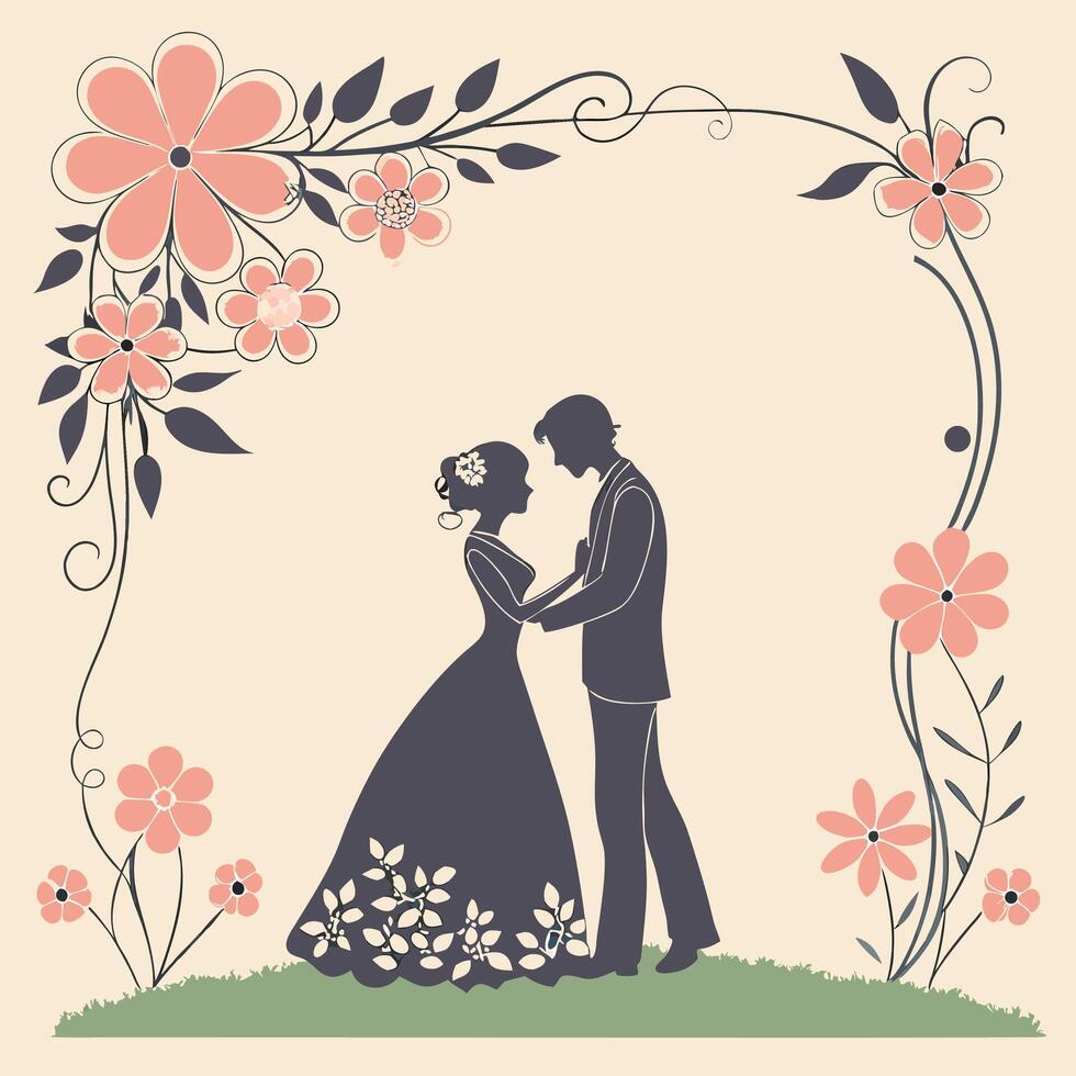 wedding card with silhouette of bride and groom vector