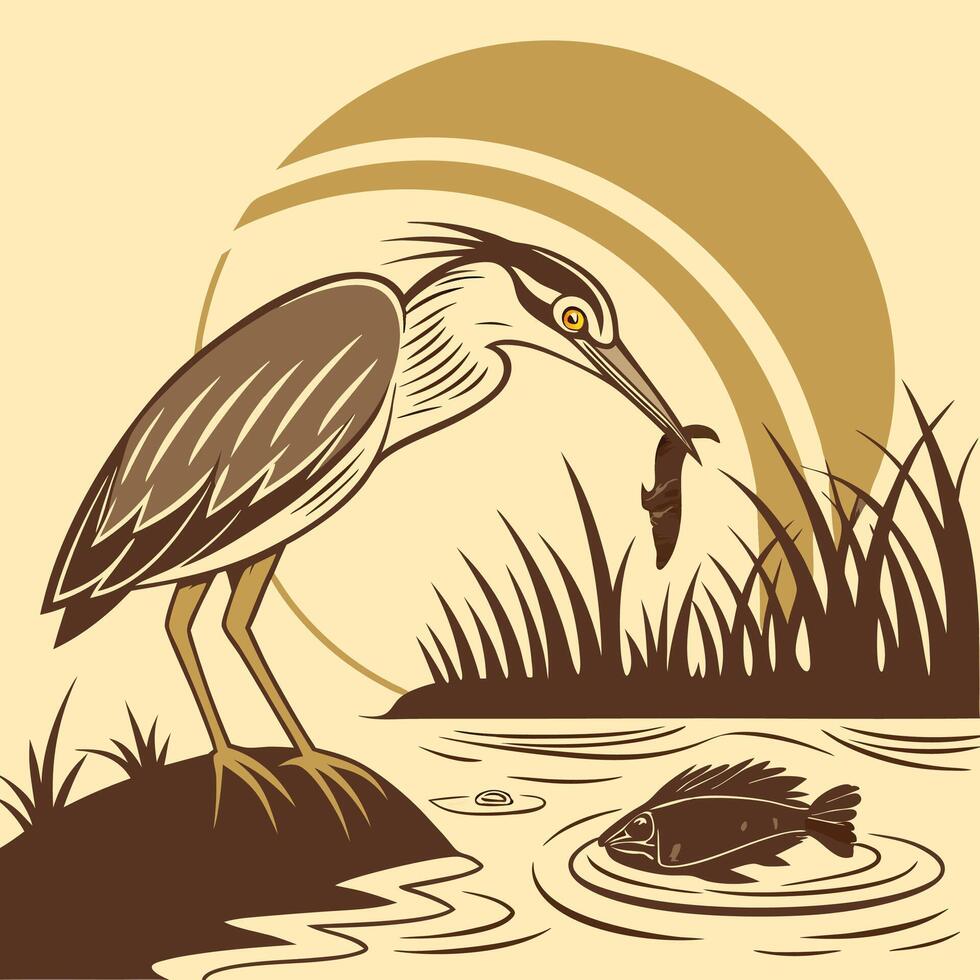 a heron with a fish in its mouth vector