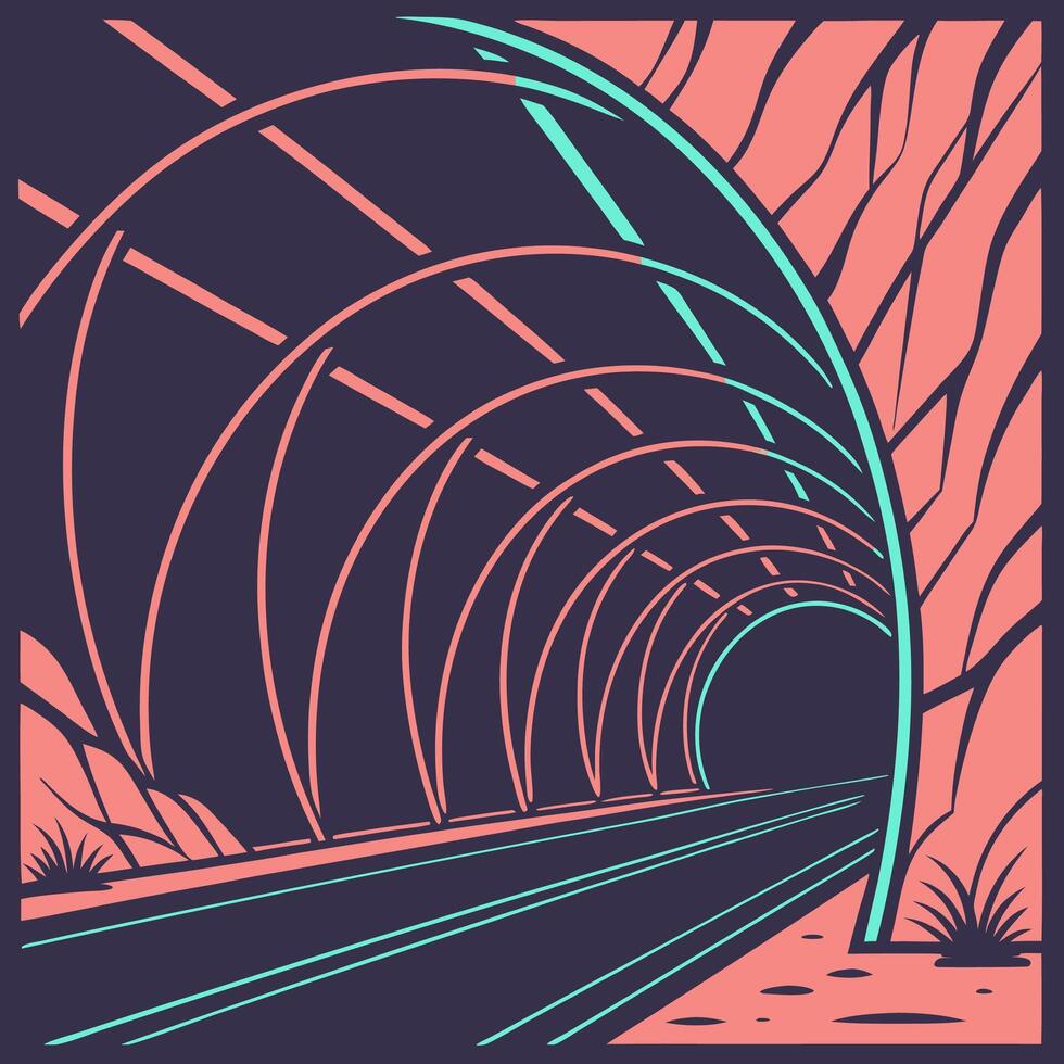 a tunnel with a train going through it. vector
