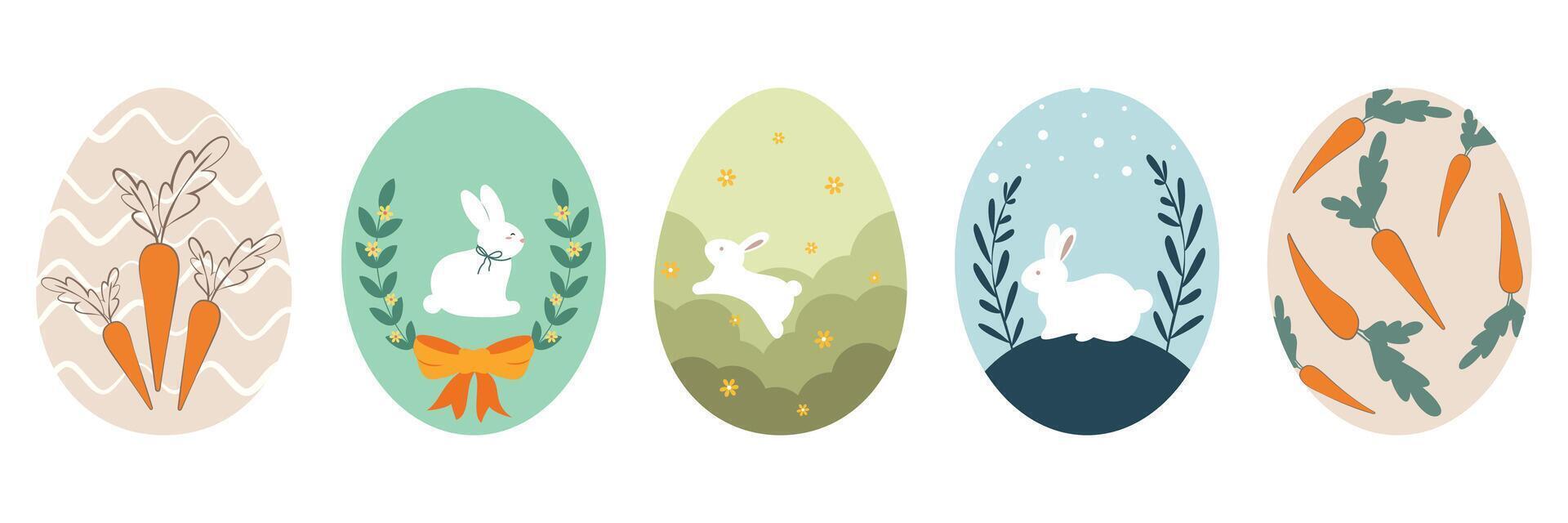 Easter Egg Illustrations Set with Rabbits, Flowers, Carrot and Colorful Pattern vector