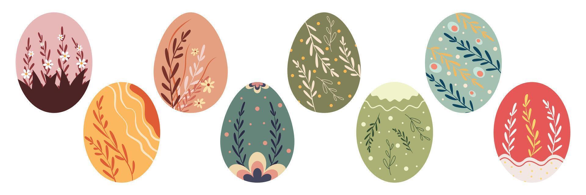 Easter Egg Illustrations Set with Rabbits, Flowers, Carrots and Colorful Patterns vector