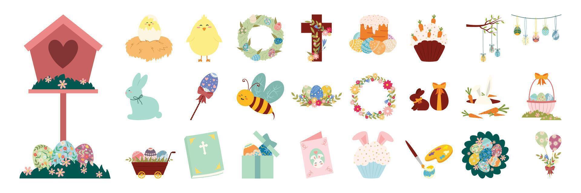 Cute Easter Illustrations with Eggs, Cakes, Flowers or Animals, and Decorations Elements. vector