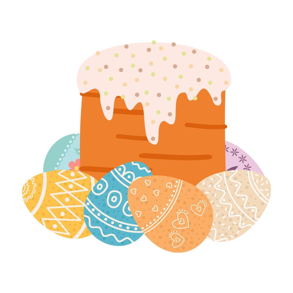 Easter Cake Surrounded by Colorful Eggs vector