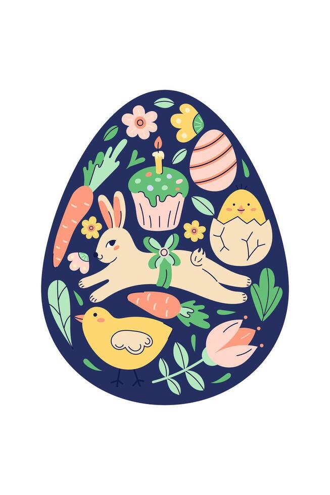 Happy Easter Egg Shape Pattern With Bunny, chicken And Flowers. Greeting hand drawn card on dark background. Flat illustration with partial outline. illustration. vector