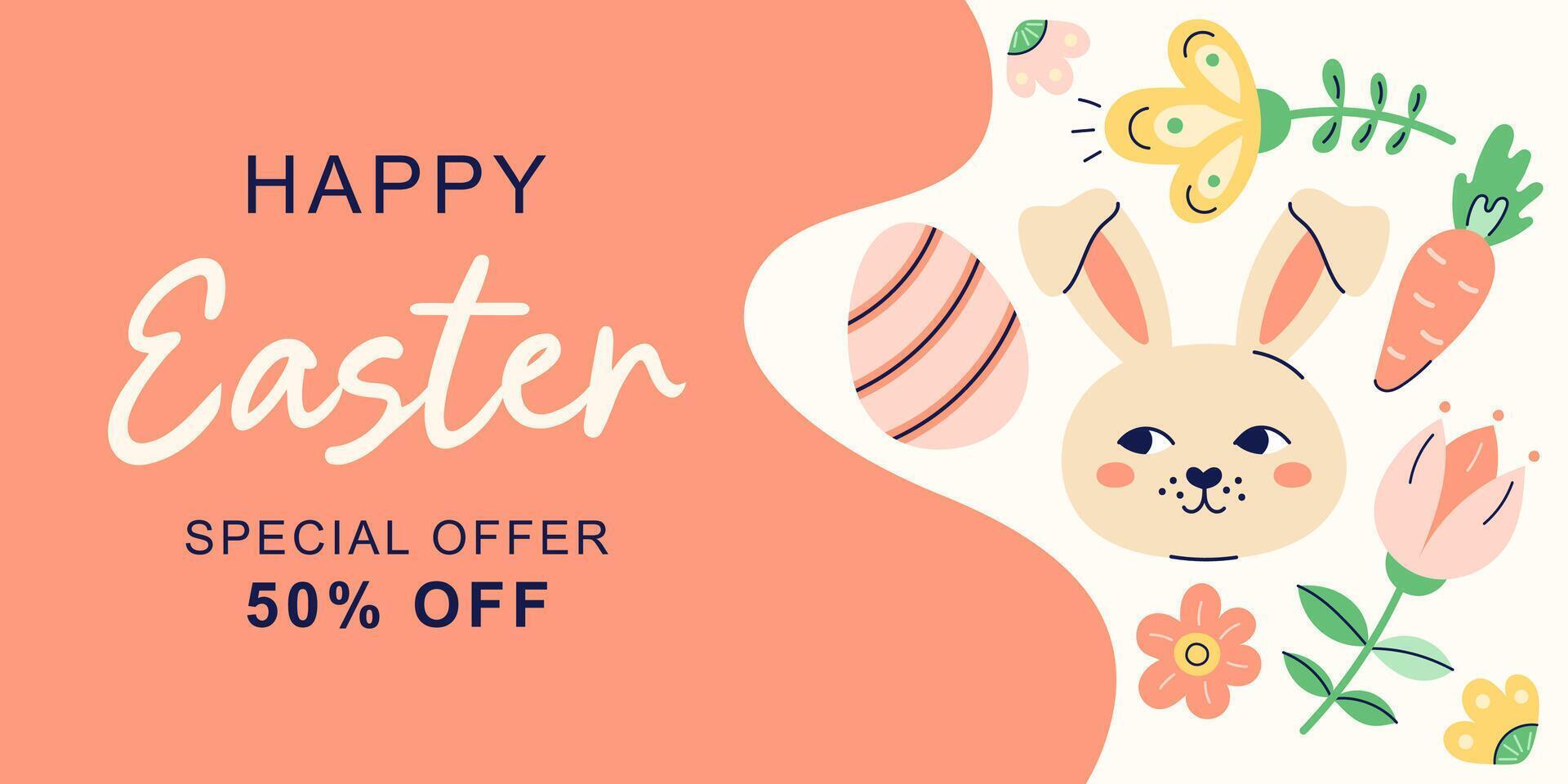 Happy Easter horizontal banner with hare on beige and orange background. Design with text for discount. Happy Easter hand drawn card. Flat illustration with partial outline. illustration. vector