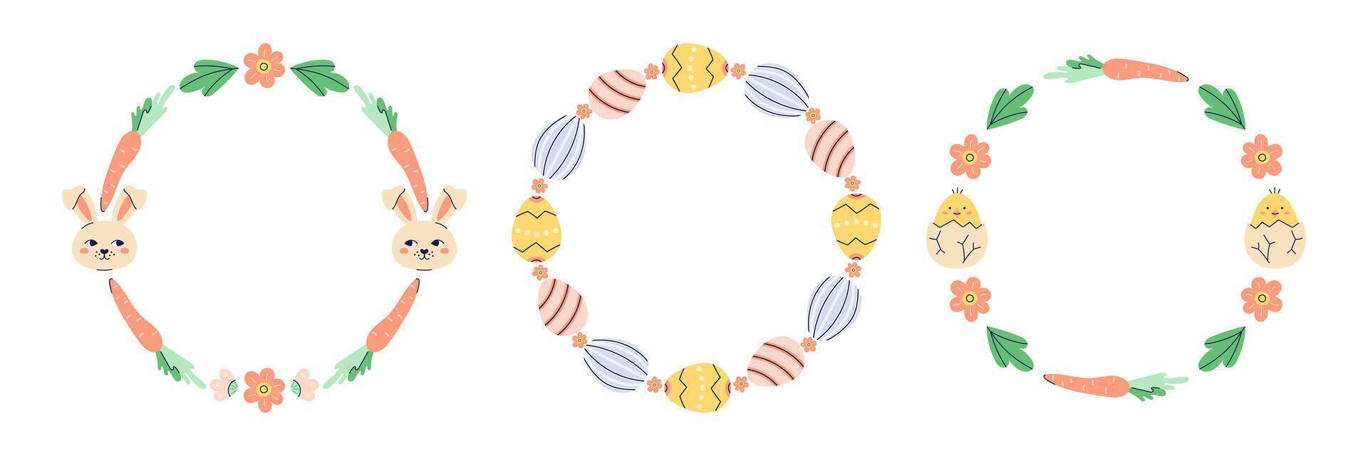 Happy Easter Round 3 frames with chicken, hares and eggs. Happy Easter hand drawn card on white background. Empty space for inscription in the center. Flat illustration with partial outline. Isolated illustration. vector