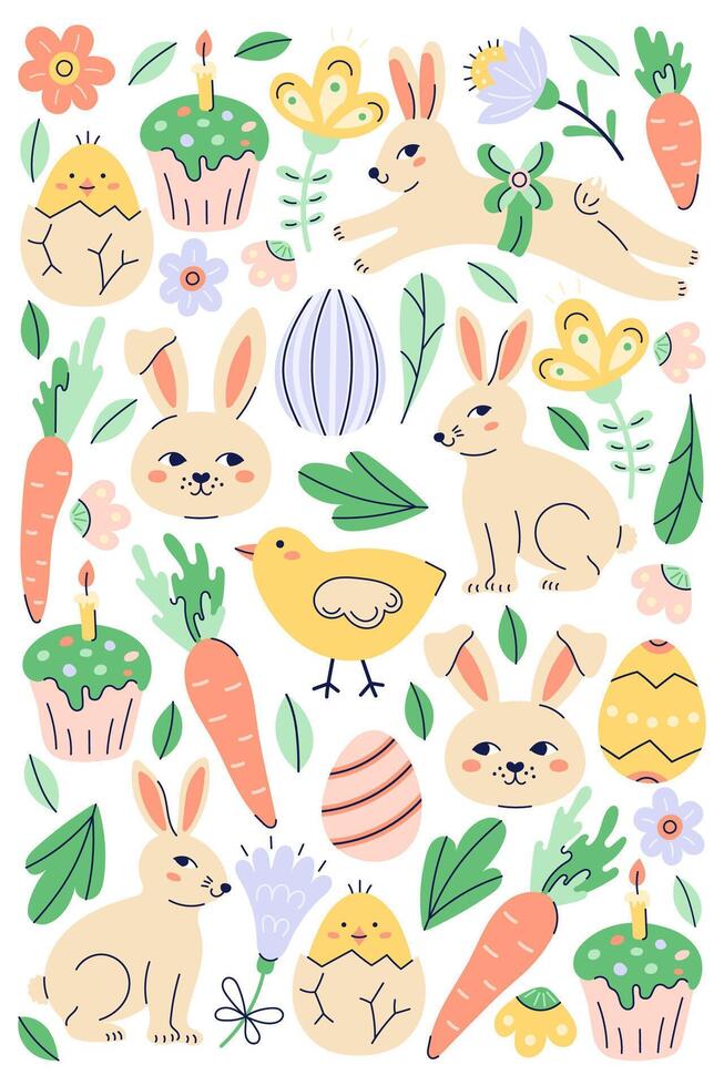 Happy Easter vertical poster with bunny and different elements. Greeting hand drawn card on white background. Flat illustration with partial outline. Isolated illustration. vector