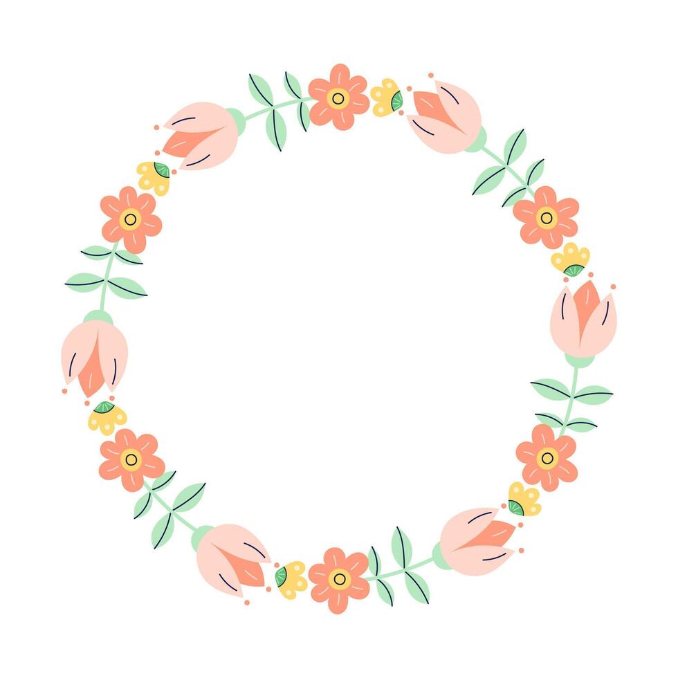 Round floral frame on white background. Delicate pastel red flowers. Empty space for inscription in the center. Isolated illustration vector