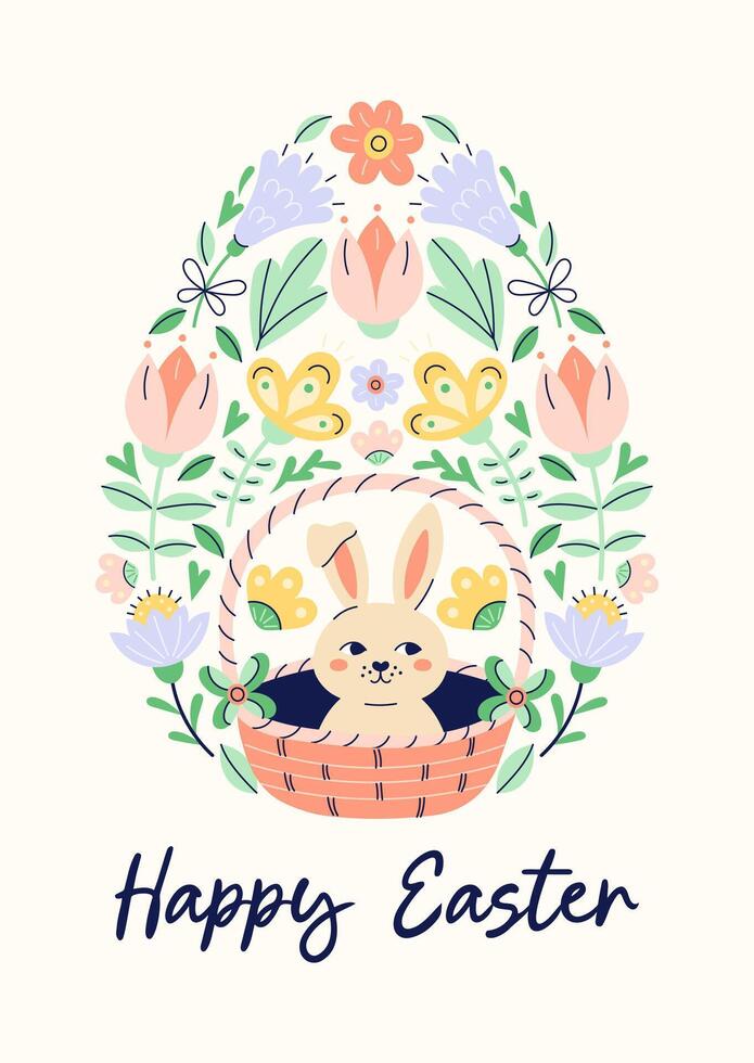 Happy Easter Egg Shape Pattern With Bunny And Flowers. Design with text on beige background. Greeting hand drawn card. Flat illustration with partial outline. illustration. vector