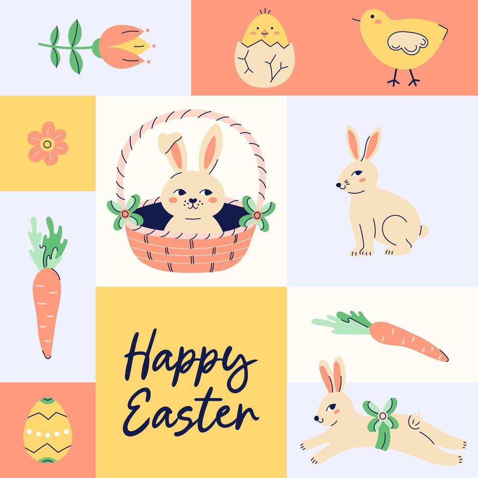 Happy Easter square banner with hares, a chicken and flowers. Design with text. Happy Easter hand drawn card. Flat illustration with partial outline. illustration. vector