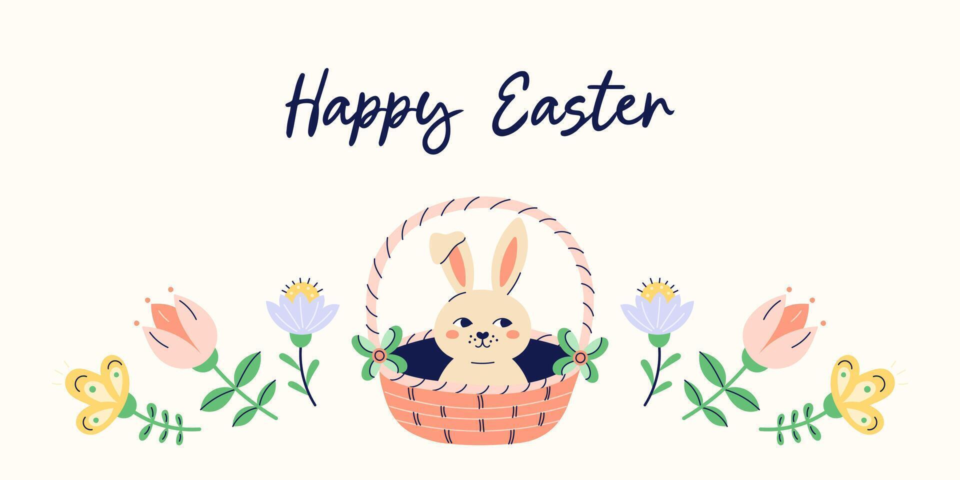 Happy Easter horizontal banner with hare in basket and flowers along the bottom edge on beige background. Design with text. Happy Easter hand drawn card. Flat illustration with partial outline. illustration. vector