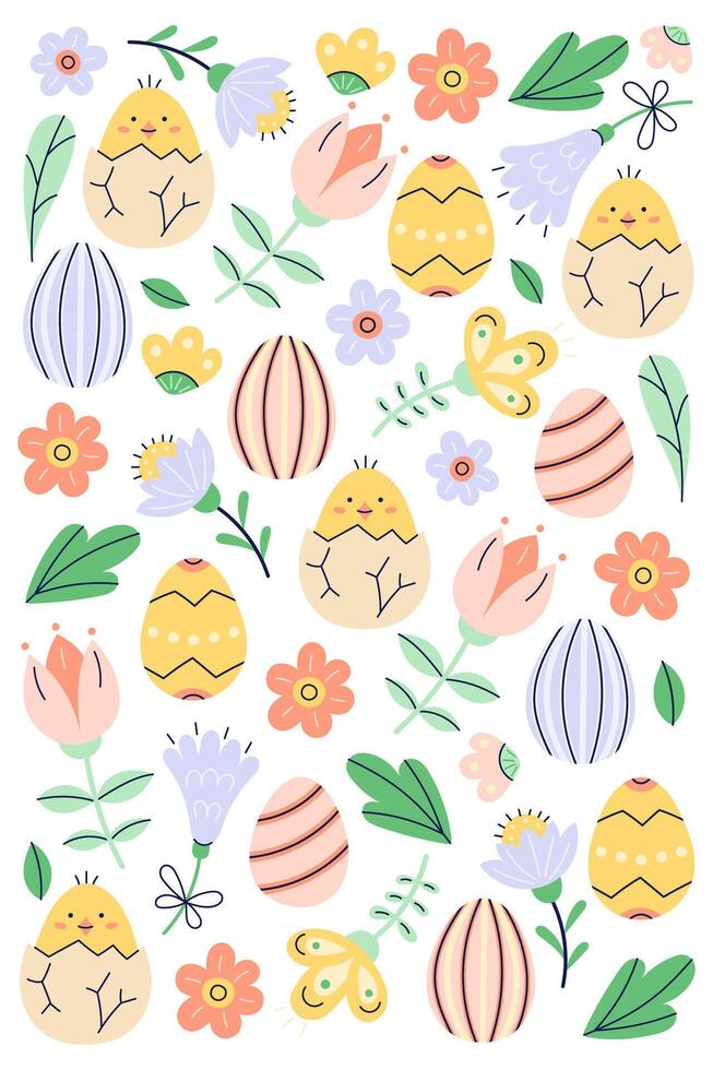 Happy Easter vertical poster with painted eggs and flowers. Greeting hand drawn card on white background. Flat illustration with partial outline. Isolated illustration. vector