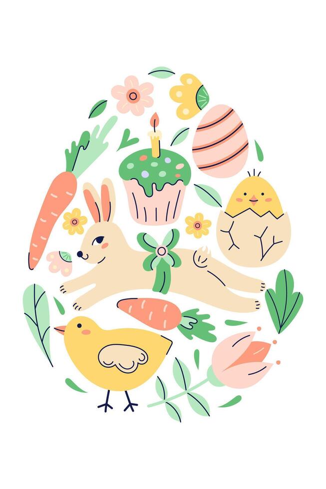 Happy Easter Egg Shape Pattern With Bunny, chicken And Flowers. Greeting hand drawn card on white background. Flat illustration with partial outline. illustration. vector