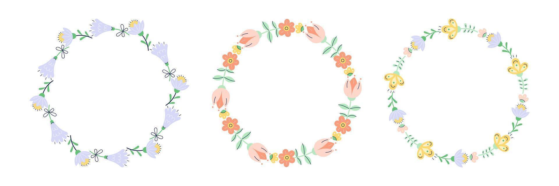 Round floral 3 frames on white background. Delicate pastel purple flowers. Empty space for inscription in the center. Isolated illustration. vector