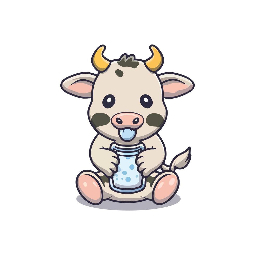 baby cow holding milk cartoon icon illustration vector