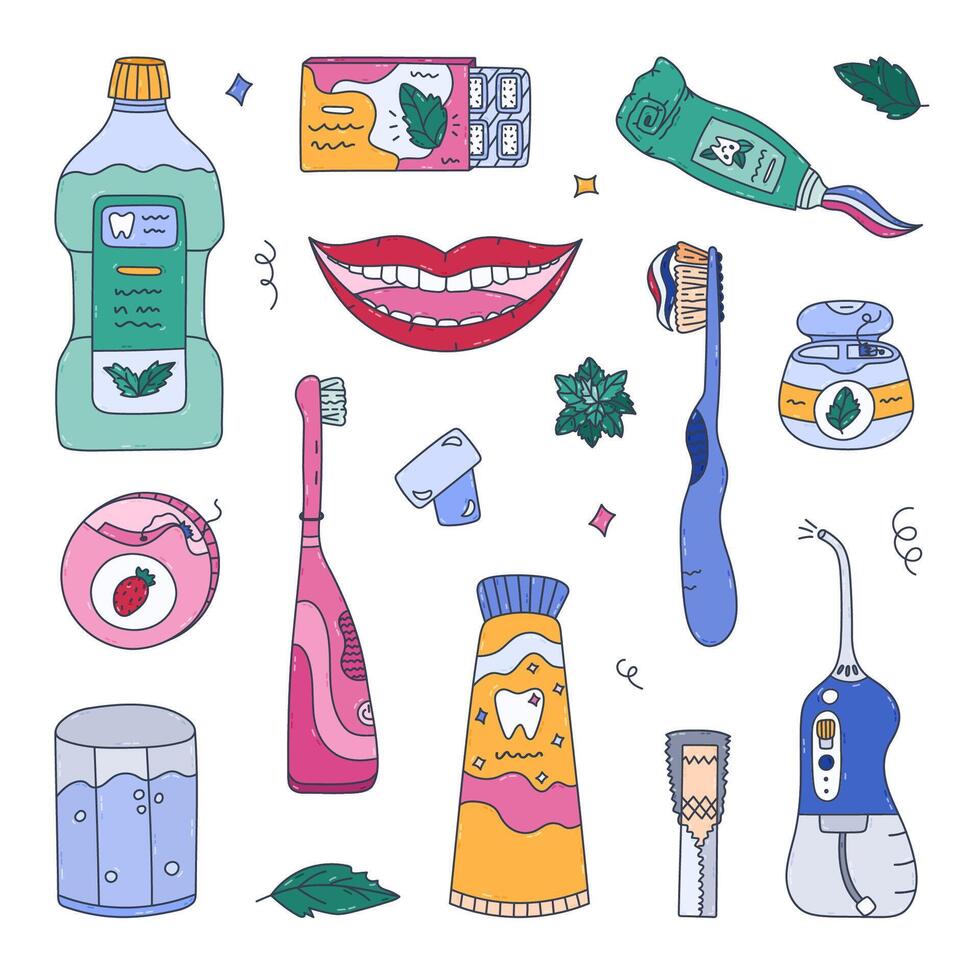 Lovely colored doodle dental hygiene set for white teeth, refreshing breath, healthy gums, bleaching enamel. Cute hand drawn dentistry line concept collection for perfect smile isolated on background. vector