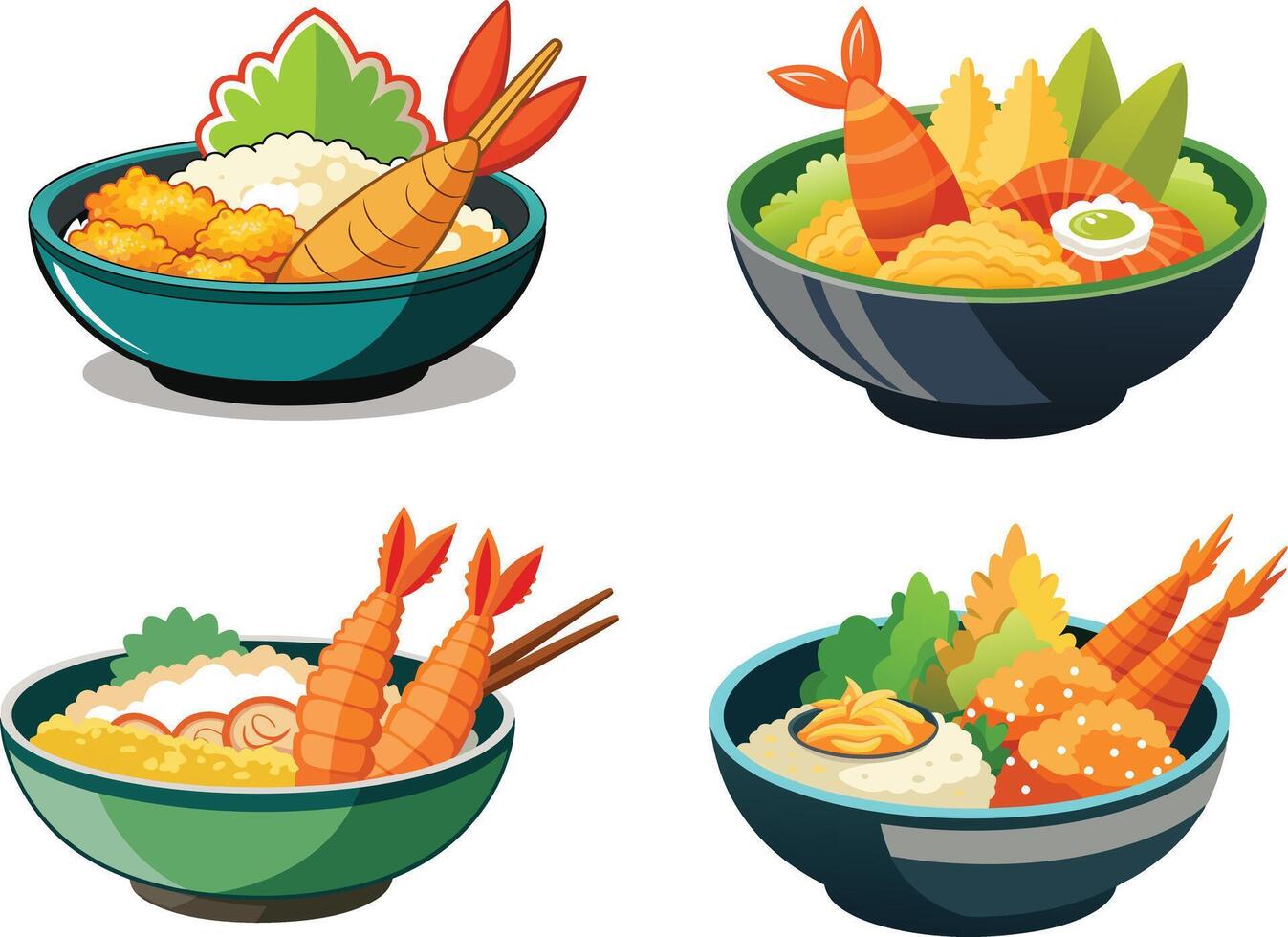 Delicious tempura bowls with shrimp and vegetables. vector