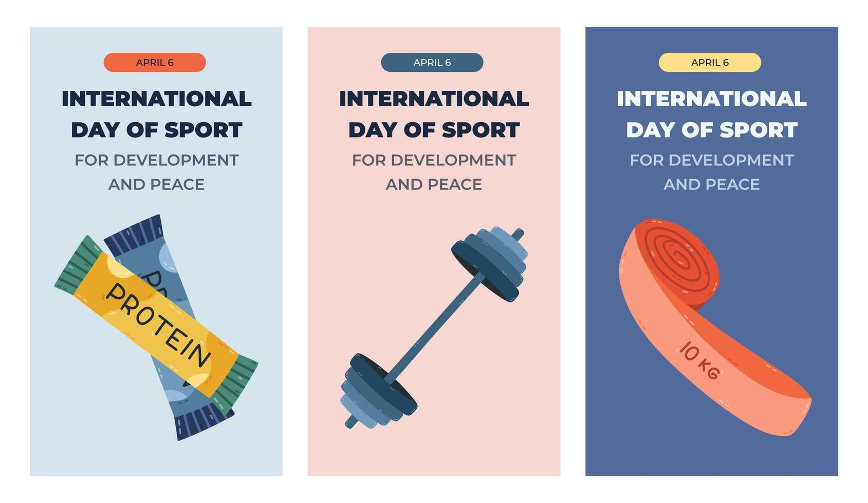 Vertical trendy set of stories for International Day of Sport for Development and Peace with stretching, bodybuilding clipart. Holiday poster for social media with protein bar, barbell, pilates band. vector