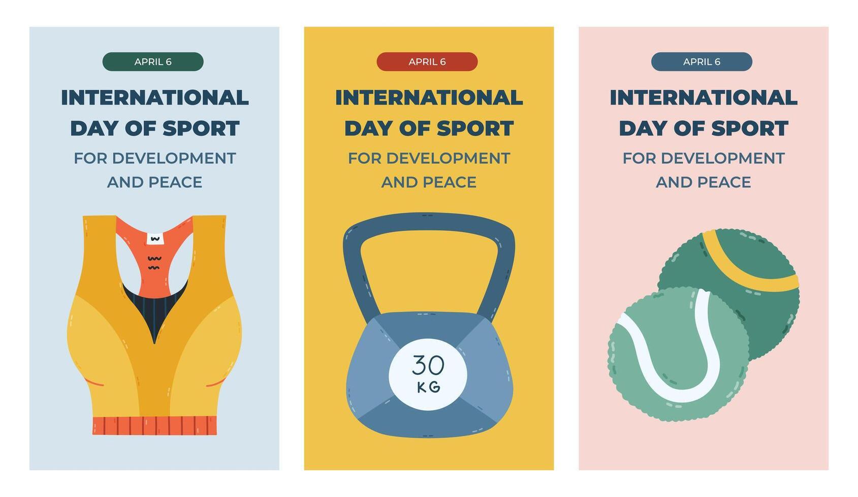 Vertical trendy set of stories for International Day of Sport for Development and Peace with vivid fitness, workout clipart. Poster for social media with women sport bra, kettlebell, tennis ball. vector