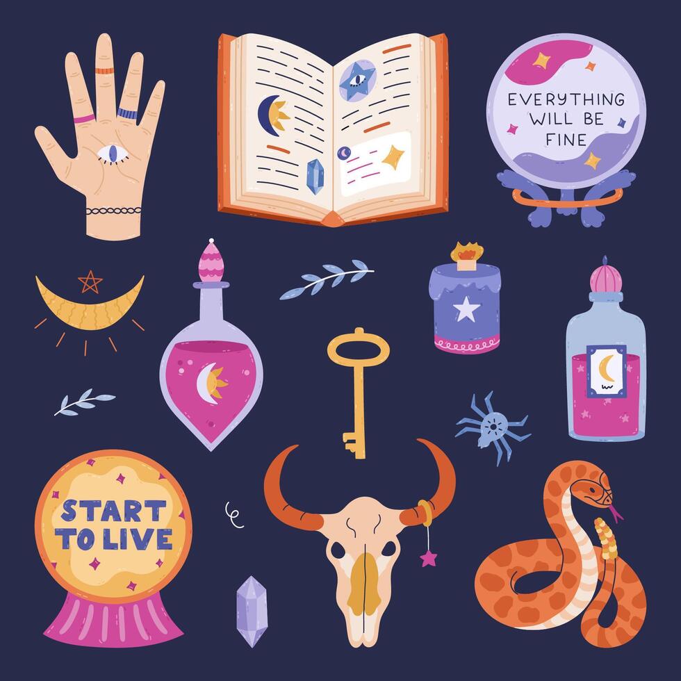 Lovely cartoon supernatural and enchanted doodle set. Cute hand drawn palm with all seeing eye, crystal ball of sorcerer, cow skull, snake, potion with moonlight. Halloween magic stickers vector